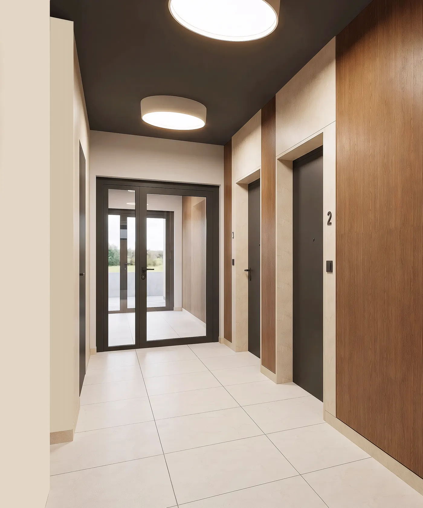 Apartamenty Browarna, wizualizacja części wspólnych — korytarz z okładzinami z forniru dębowego i przeszklonym wyjściem na klatkę schodową