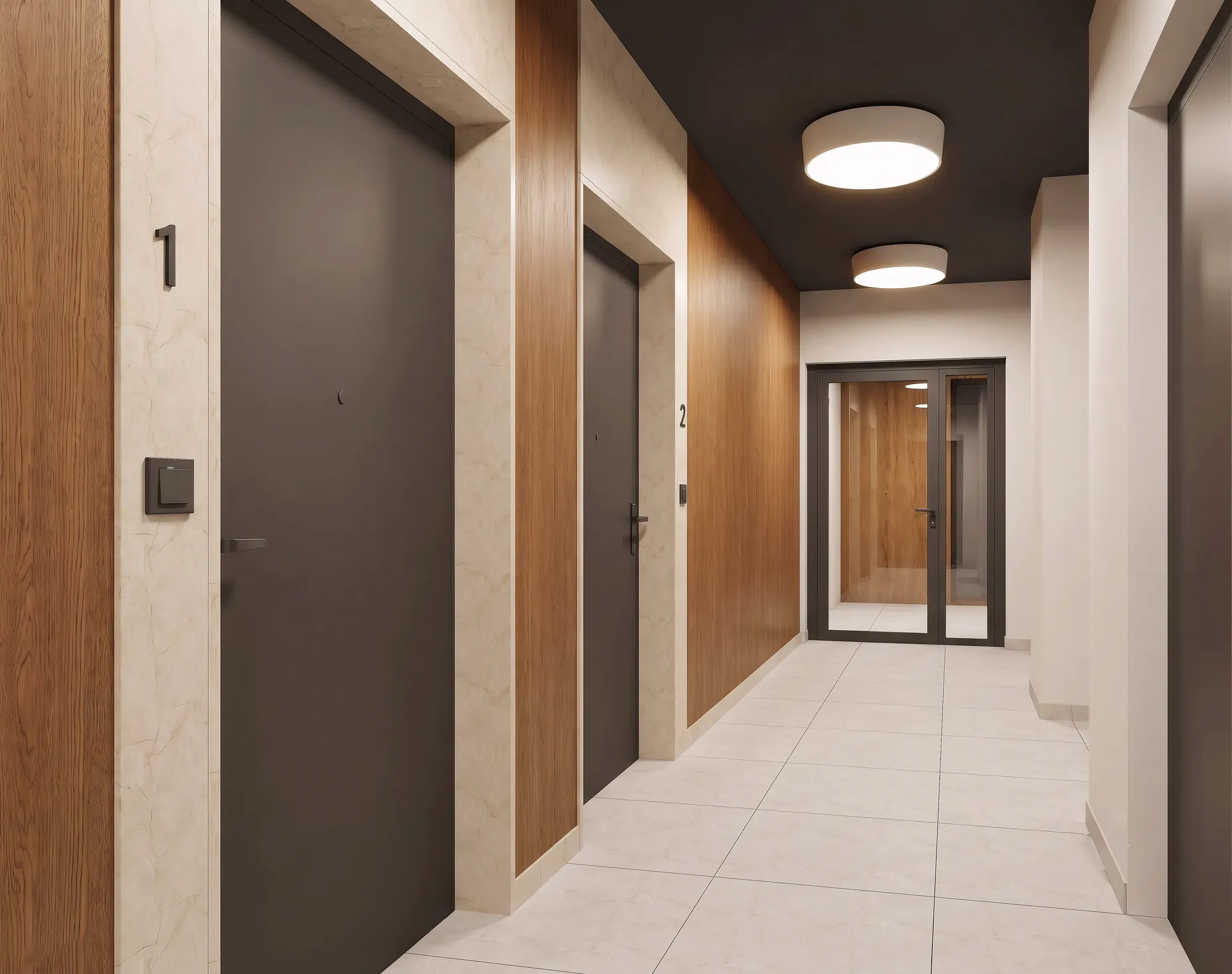 Apartamenty Browarna, wizualizacja części wspólnych — wejścia do apartamentów, grafitowe drzwi z numeracją i jasny gres na posadzce