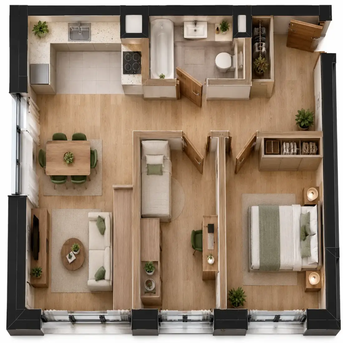 Wizualizacja aranżacji apartamentu A.01, widok z góry