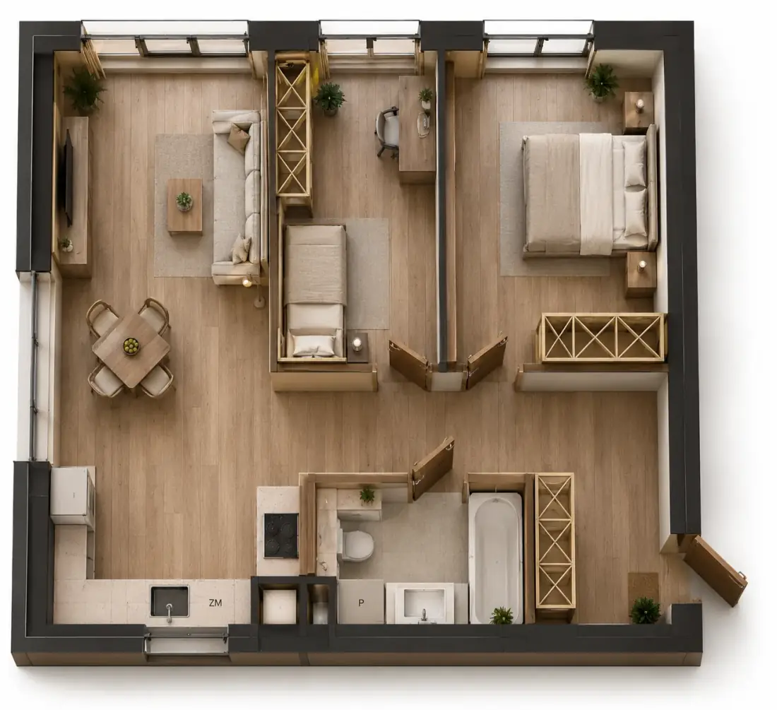 Wizualizacja aranżacji apartamentu A.02, widok z góry
