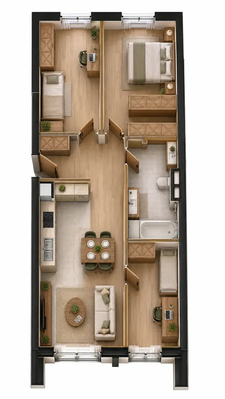Wizualizacja aranżacji apartamentu A.03, widok z góry