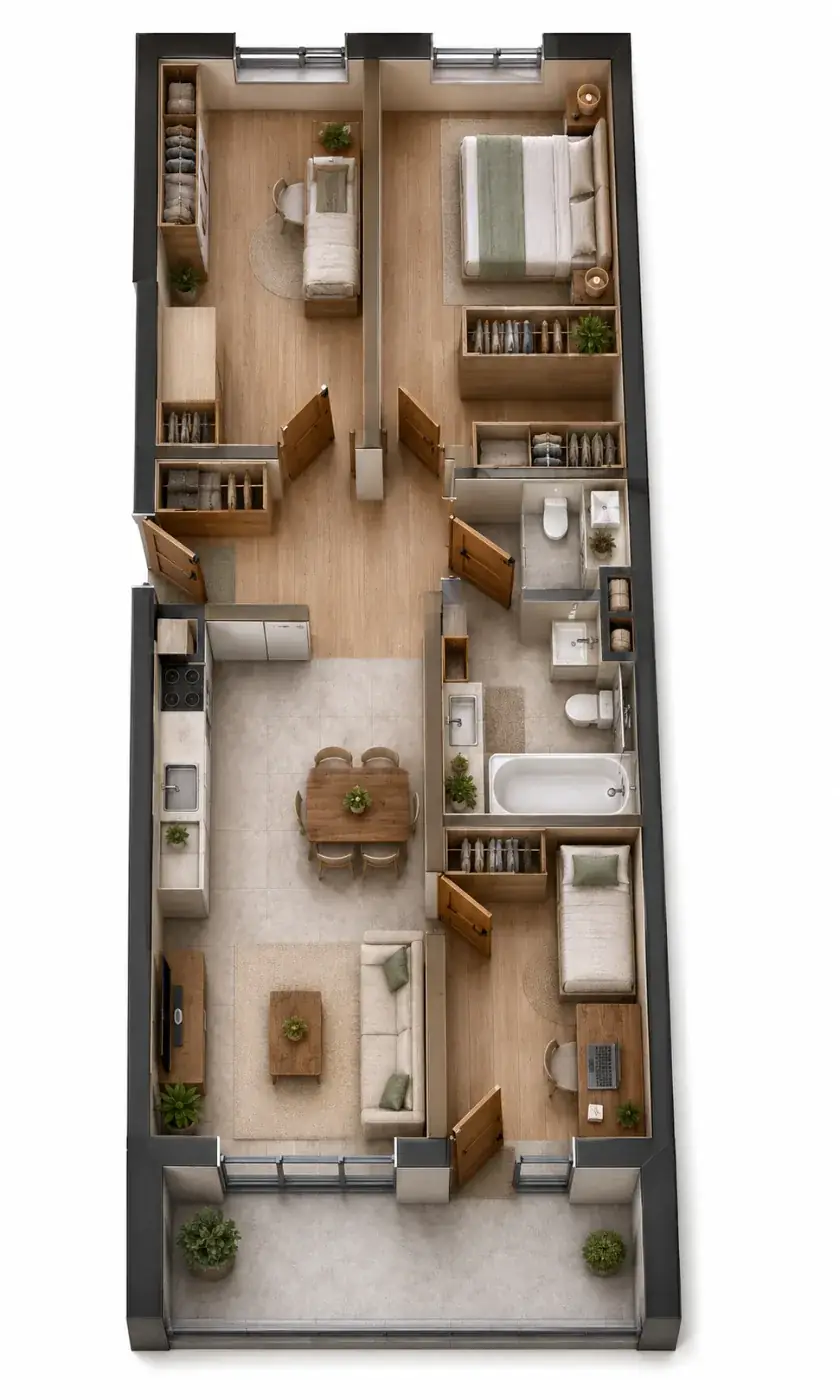 Wizualizacja aranżacji apartamentu A.04, widok z góry