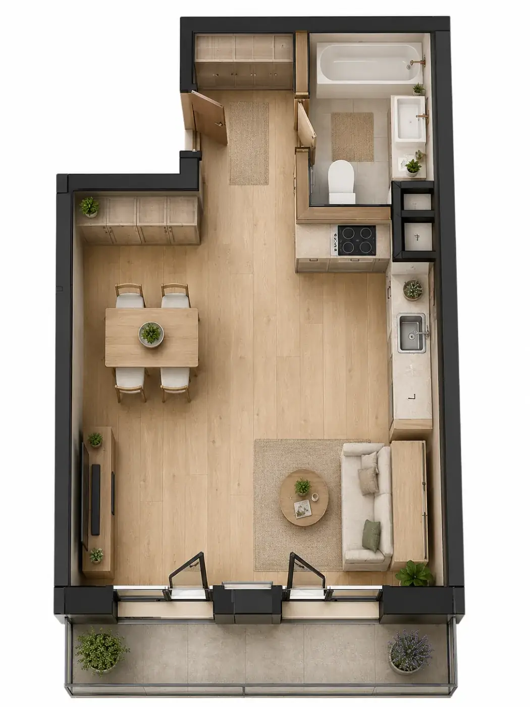 Wizualizacja aranżacji apartamentu A.05, widok z góry