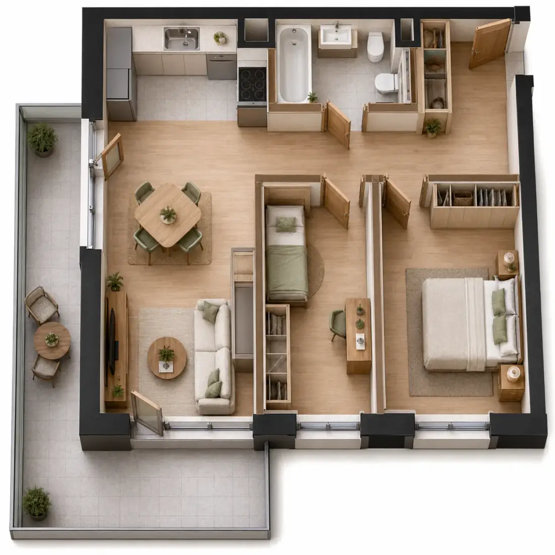 Wizualizacja aranżacji apartamentu A.06, widok z góry