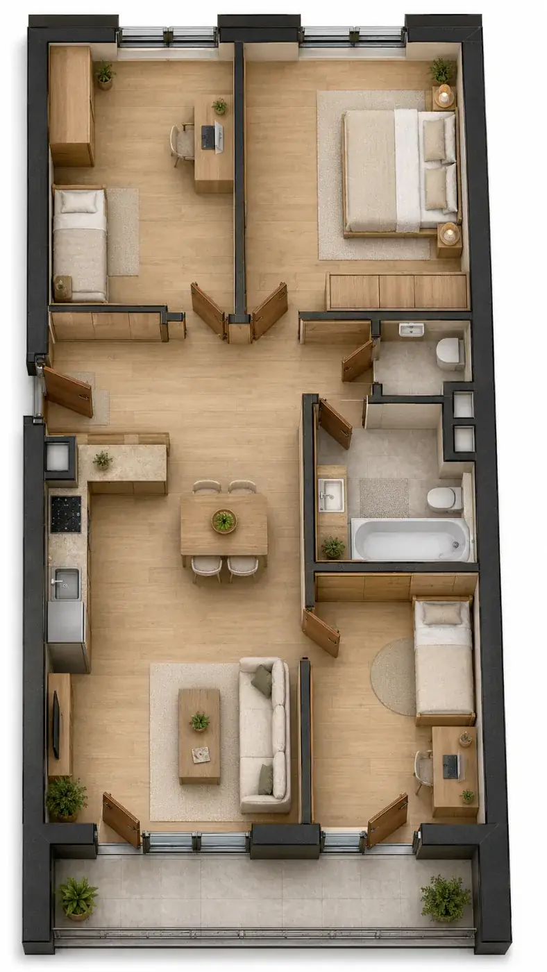 Wizualizacja aranżacji apartamentu A.08, widok z góry