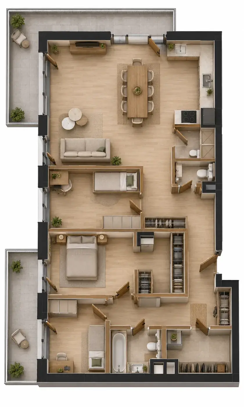 Wizualizacja aranżacji apartamentu A.09, widok z góry