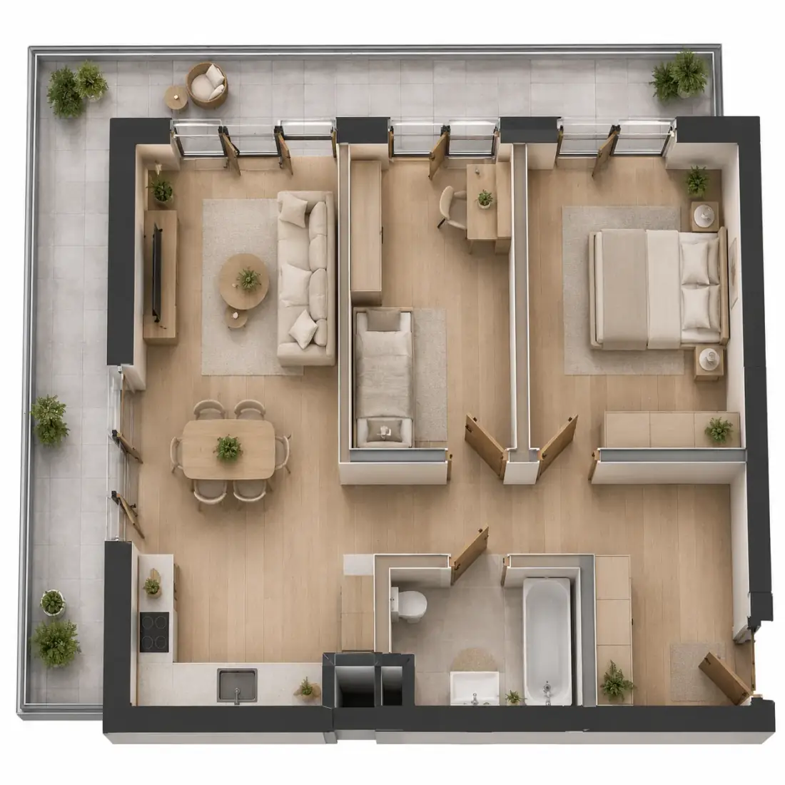 Wizualizacja aranżacji apartamentu A.10, widok z góry