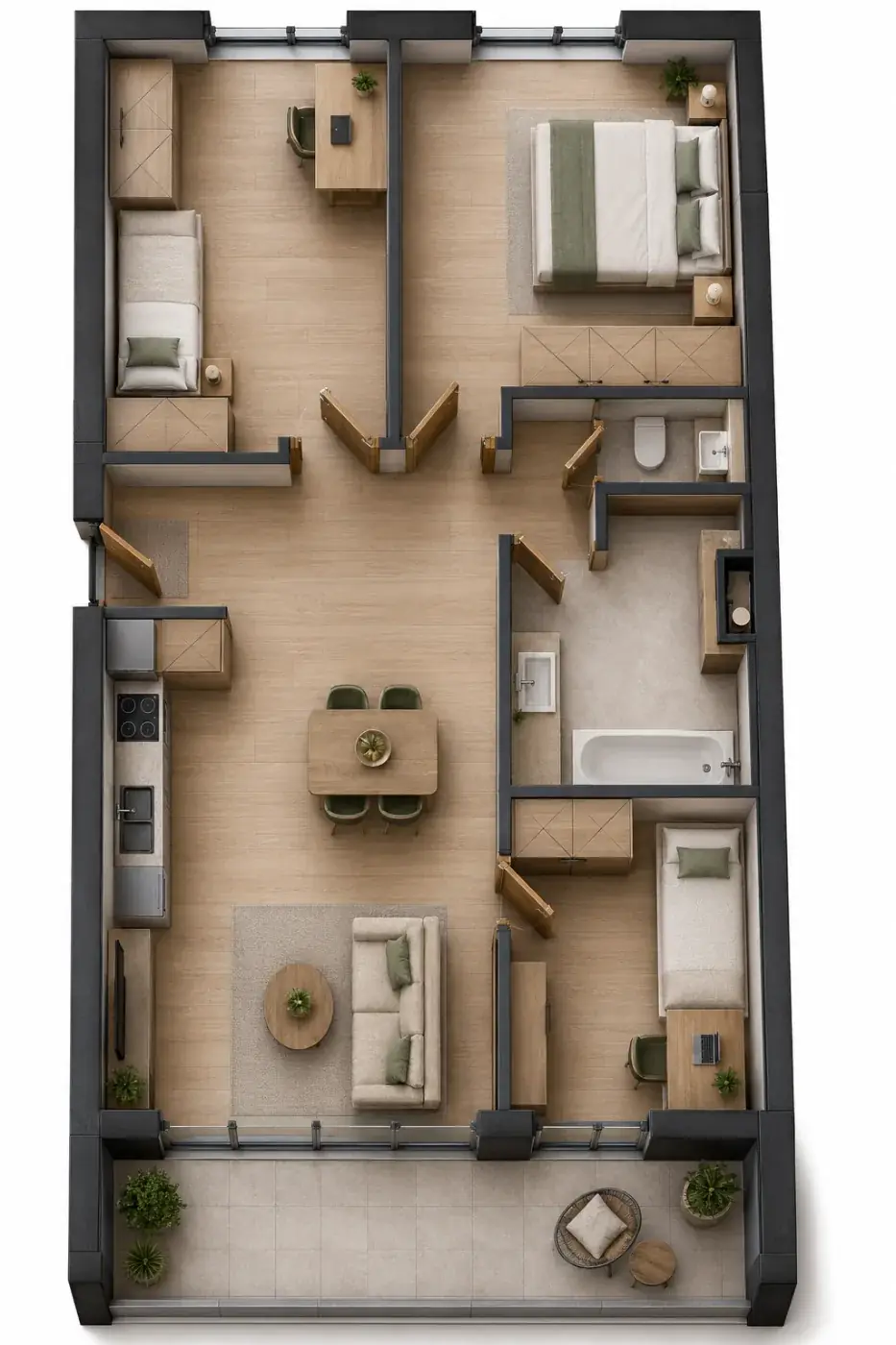 Wizualizacja aranżacji apartamentu A.11, widok z góry