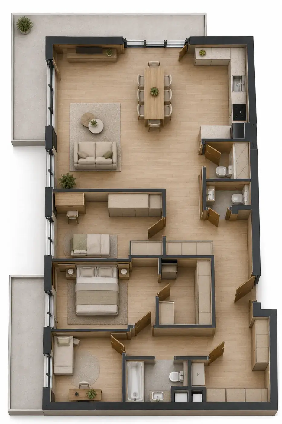 Wizualizacja aranżacji apartamentu A.12, widok z góry