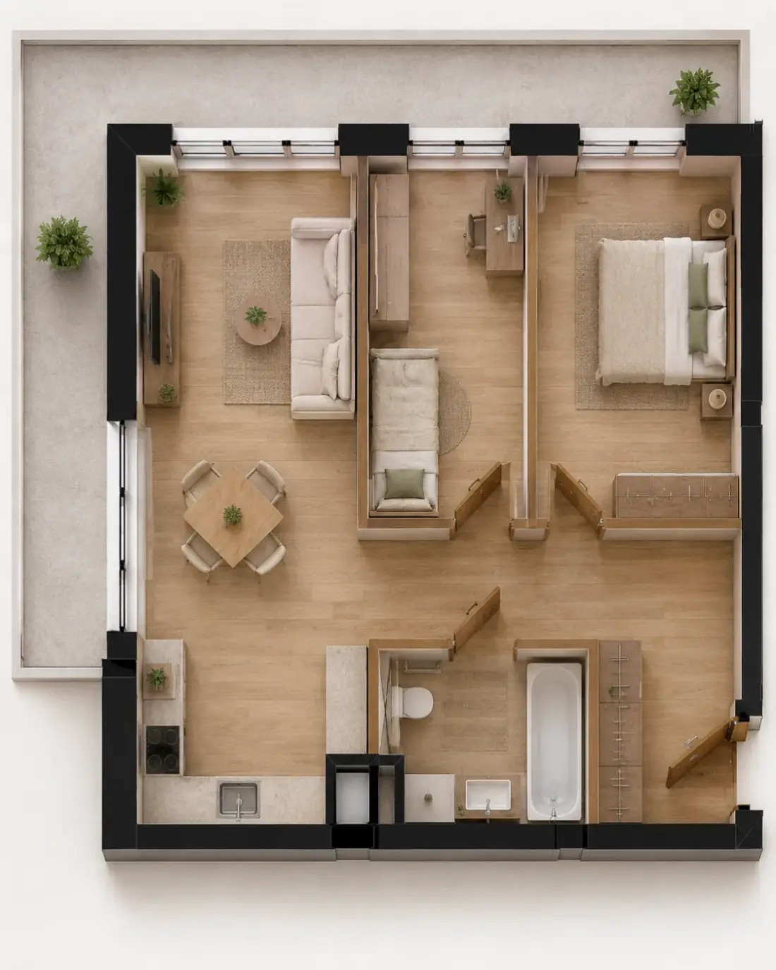 Wizualizacja aranżacji apartamentu A.13, widok z góry