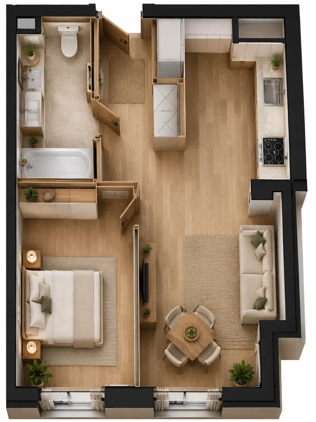 Wizualizacja aranżacji apartamentu B.01, widok z góry