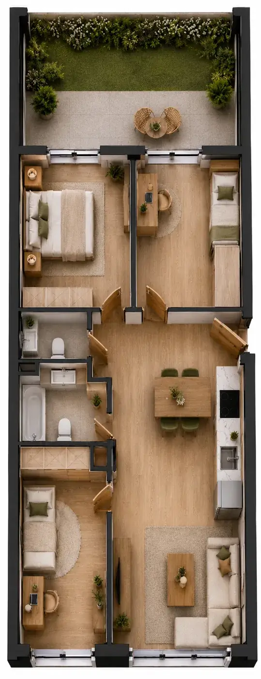Wizualizacja aranżacji apartamentu B.02, widok z góry