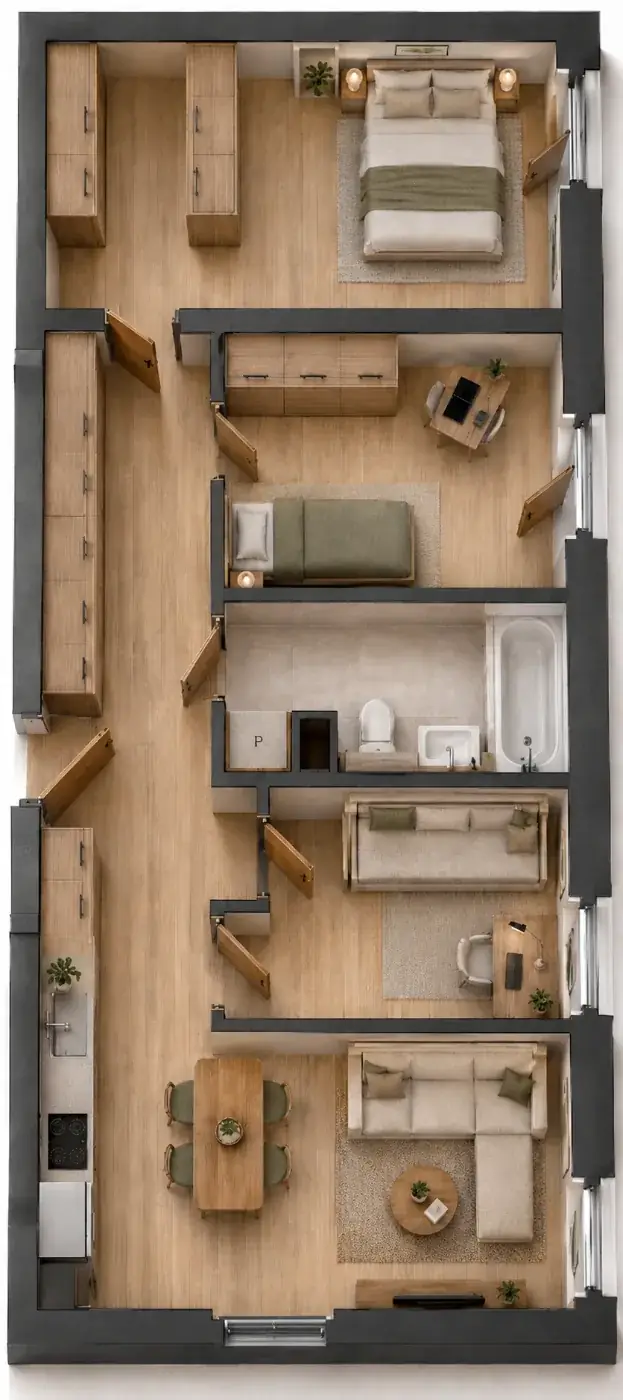 Wizualizacja aranżacji apartamentu B.03, widok z góry