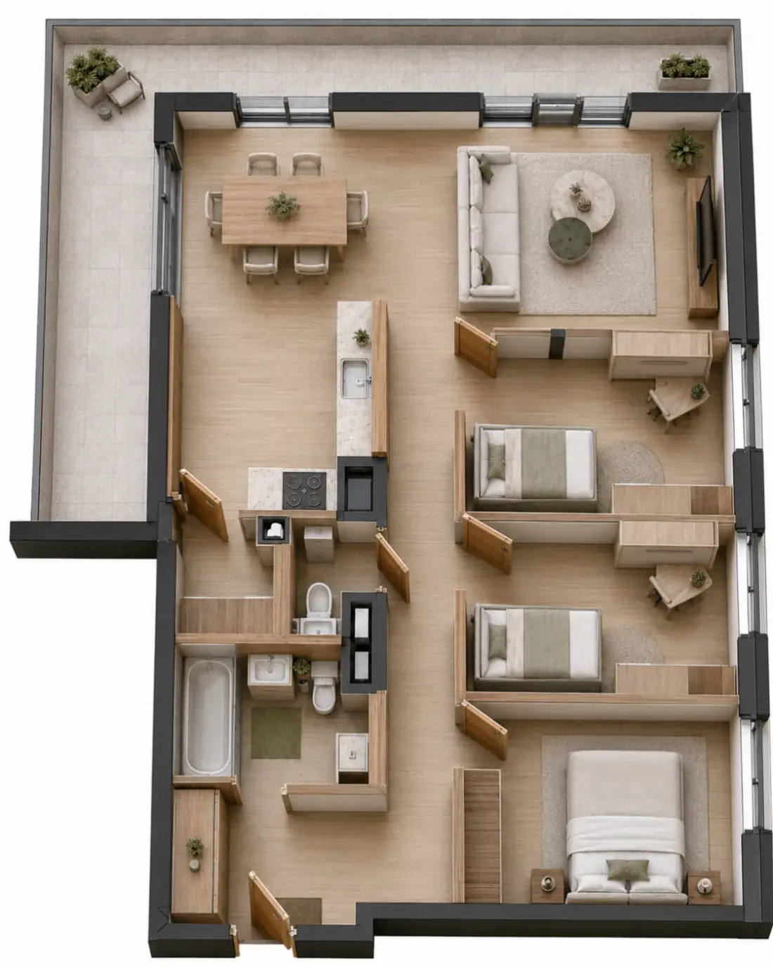 Wizualizacja aranżacji apartamentu B.04, widok z góry