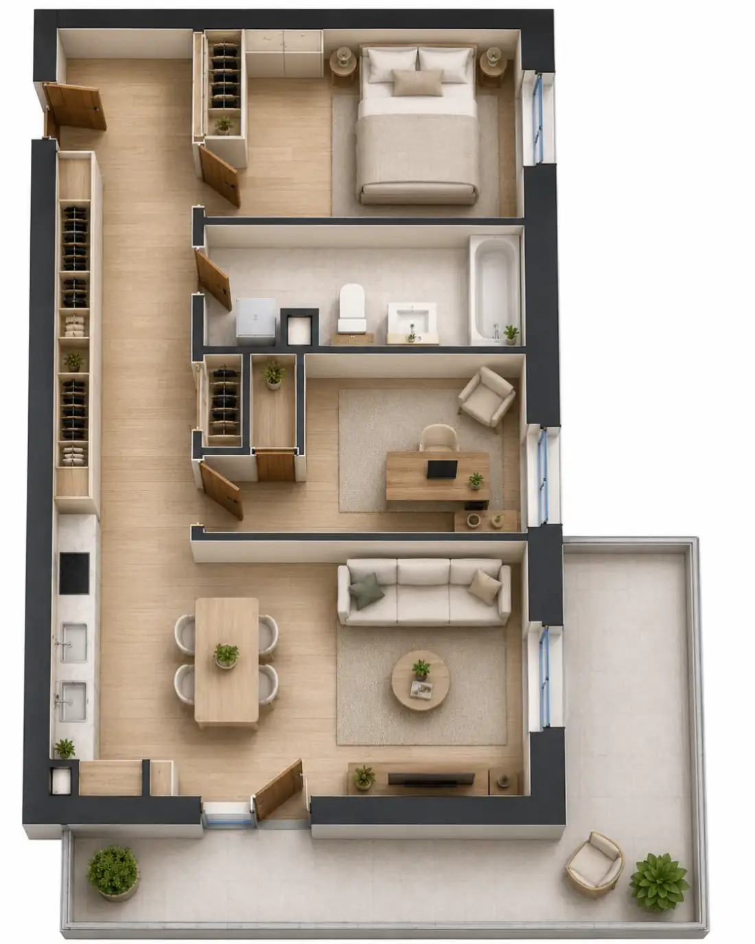 Wizualizacja aranżacji apartamentu B.05, widok z góry