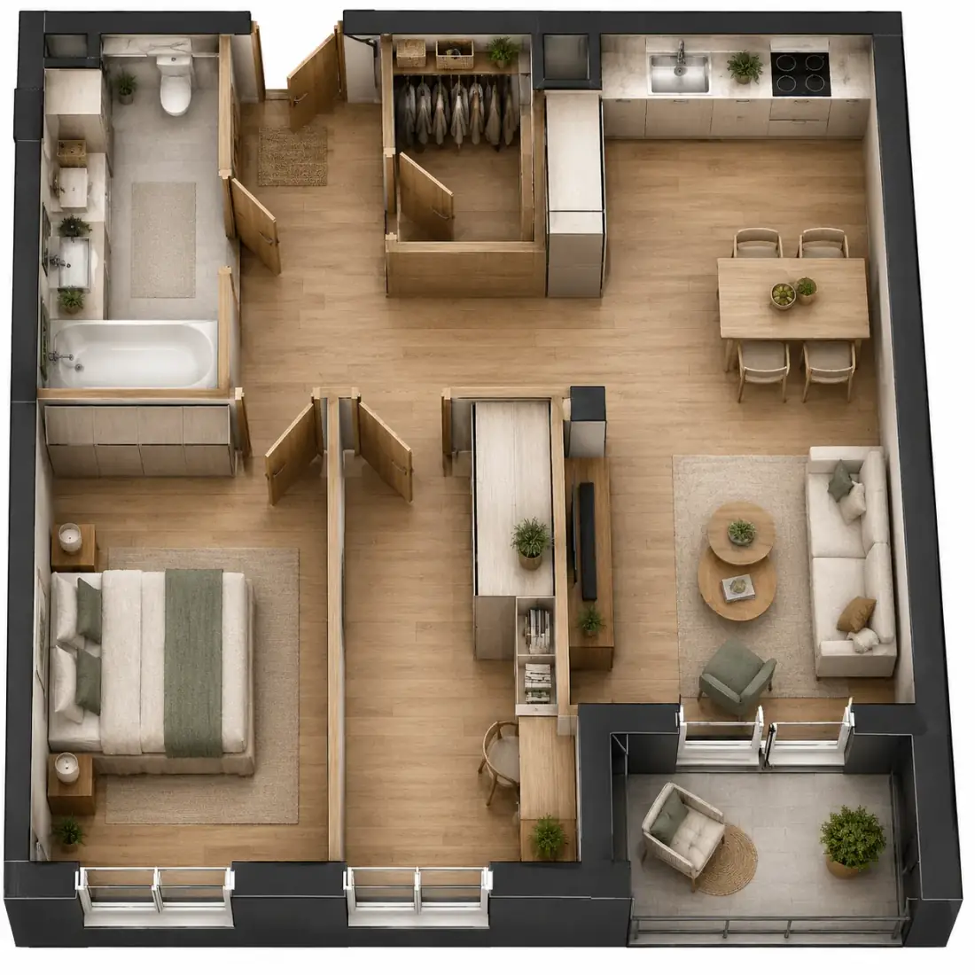 Wizualizacja aranżacji apartamentu B.06, widok z góry