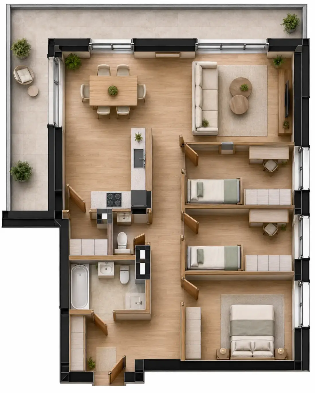 Wizualizacja aranżacji apartamentu B.08, widok z góry