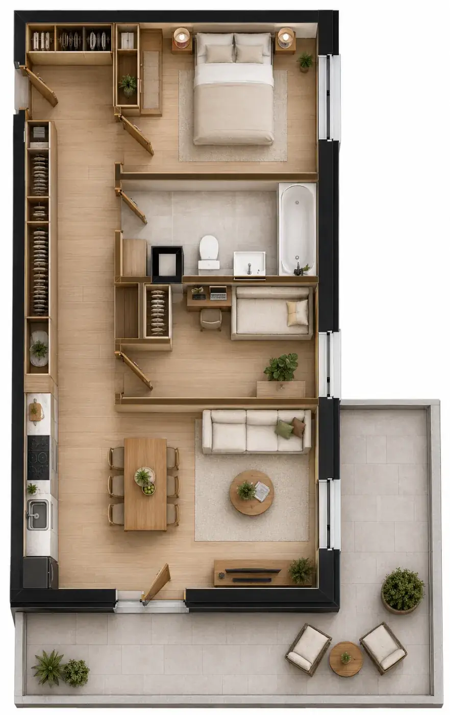 Wizualizacja aranżacji apartamentu B.09, widok z góry