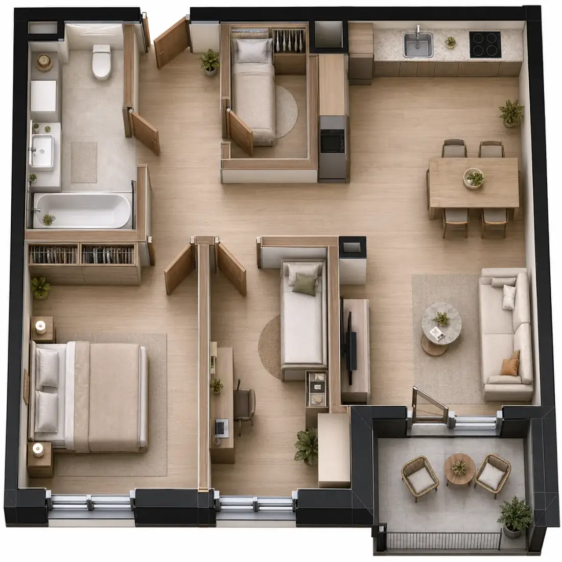 Wizualizacja aranżacji apartamentu B.10, widok z góry