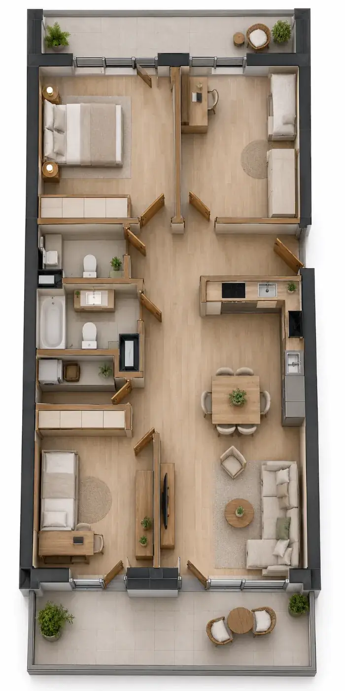 Wizualizacja aranżacji apartamentu B.11, widok z góry