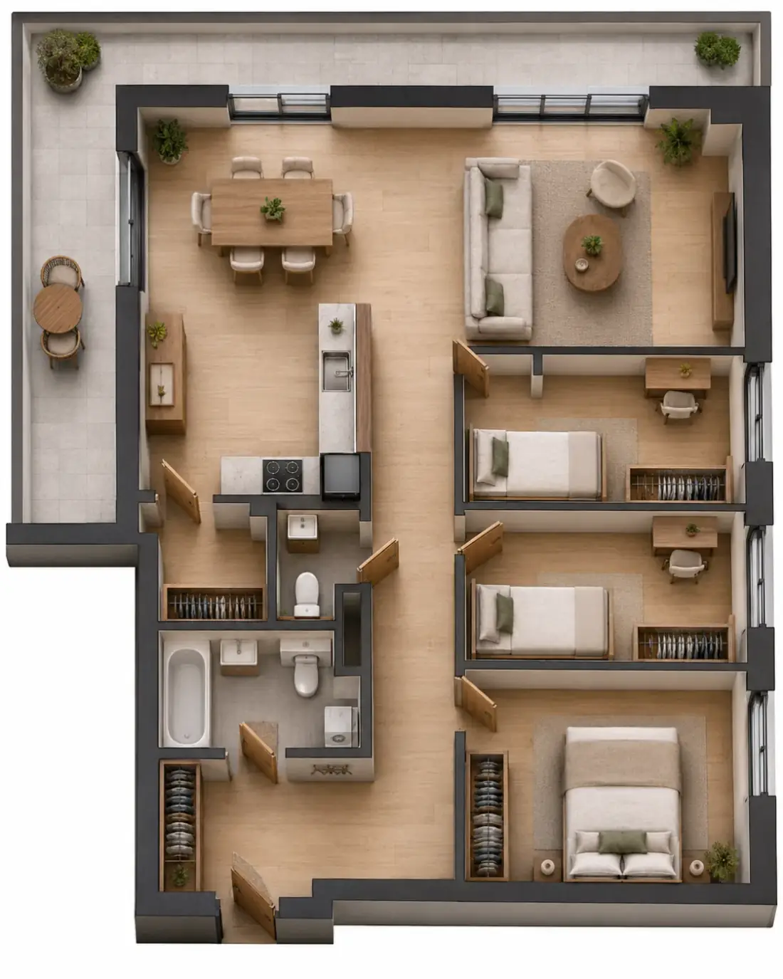 Wizualizacja aranżacji apartamentu B.12, widok z góry