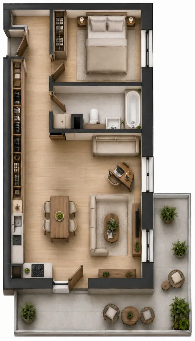 Wizualizacja aranżacji apartamentu B.13, widok z góry